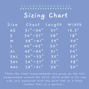 May include: A blue and white sizing chart for a shirt, showing chest, length, and width measurements in inches for sizes XS to 4XL.