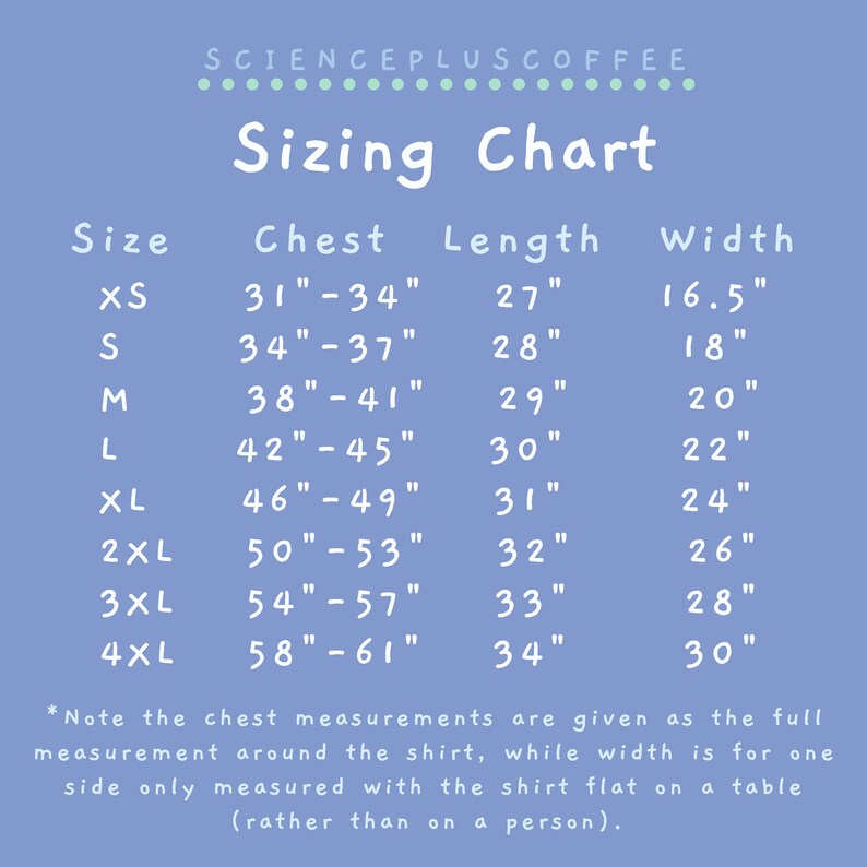 May include: A blue and white sizing chart for a shirt, showing chest, length, and width measurements in inches for sizes XS to 4XL.