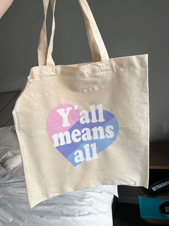 Bi Pride Tote, Y'all Means All Canvas Tote Bag, Texas Bi Pride Tote Bag LGBTQ Gift, Texas Cute Tote Bag