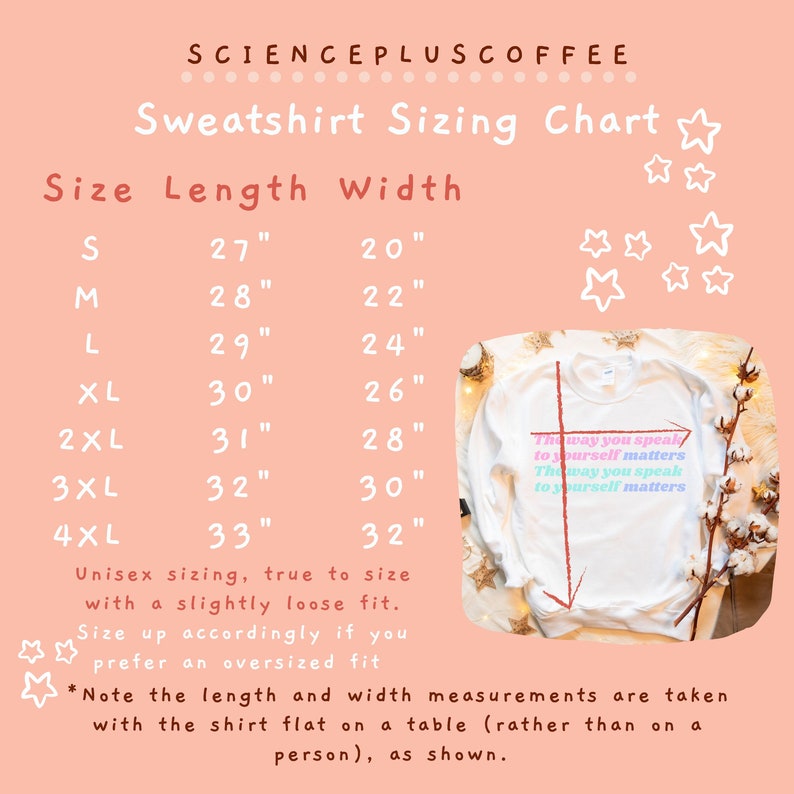 This is a size chart for sweatshirts. It shows size small (27 inch L and 20 inch W), medium (28 inch L and 22 inch W), large (29 inch L and 24 inch W), XL (30 inch L and 26 inch W), 2XL (31 inch W and 28 inch L), 3XL (32 inch W and 30 inch W), & 4XL