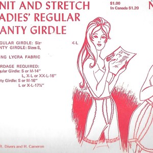 May include: A vintage sewing pattern for a knit and stretch panty girdle. The pattern is for sizes S, M, L, X-L, and XX-L. The pattern is made using Lycra fabric. The pattern is for a regular girdle and a panty girdle. The pattern is from R. Divers and H. Cameron. The pattern number is 207.