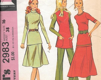 Vintage 1970s McCall's Sewing Pattern 2983- Misses' Top, Skirt & Pants size 16 bust 38 uncut