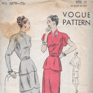 1940s Vogue 5878- Misses' One-Piece Dress size 12 bust 30", hip 33", Vintage Sewing Pattern