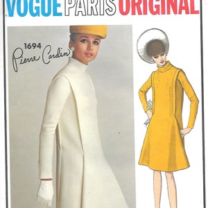 vintage années 1960 Vogue Paris Original Pattern 1694 - Pierre Cardin Misses&#39; Robe taille 12 buste 32 hanche 34 non-coupé FF