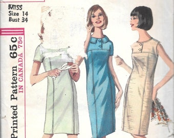Vintage 1960s Simplicity Sewing Pattern 6043 -Misses' One-Piece Dress in two lengths size 14 bust 34 uncut FF