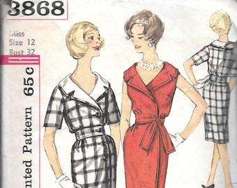 Vintage 1960s Simplicity Sewing Pattern 3868 - Misses' One-Piece Dress with detachable collar size 12 bust 32