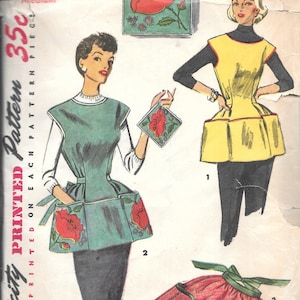 May include: A vintage sewing pattern for three different apron styles. The pattern is printed on a white paper background with illustrations of the aprons in yellow, green, and red. The pattern number is 4492 and the pattern is called "Simplicity Printed Pattern 35c".