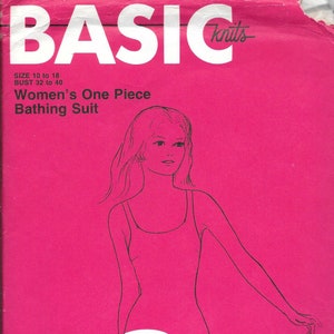 May include: A black and white line drawing of a woman wearing a one-piece swimsuit. The drawing is on a pink background with the text "BASIC knits" at the top and "Women's One Piece Bathing Suit" below the drawing. The text "Size 10 to 18 Bust 32 to 40" is also included. The price is listed as £1.50.