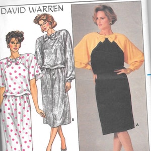 May include: A sewing pattern for two dresses, one with a polka dot print and one with a black and yellow bodice. The pattern is from Butterick and is designed by David Warren. The pattern is for sizes 8-10-12.
