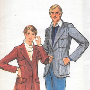 May include: A vintage sewing pattern for a blazer, featuring a woman and a man wearing the garment. The pattern number is 5645 and the price is £1.75. The pattern is for size 14.