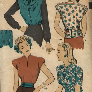 Vintage 1940s Hollywood sewing pattern 1523 - Misses' Blouses size 12 bust 30