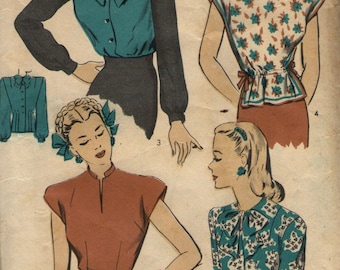 Vintage 1940s Hollywood sewing pattern 1523 - Misses&#39; Blouses size 12 bust 30