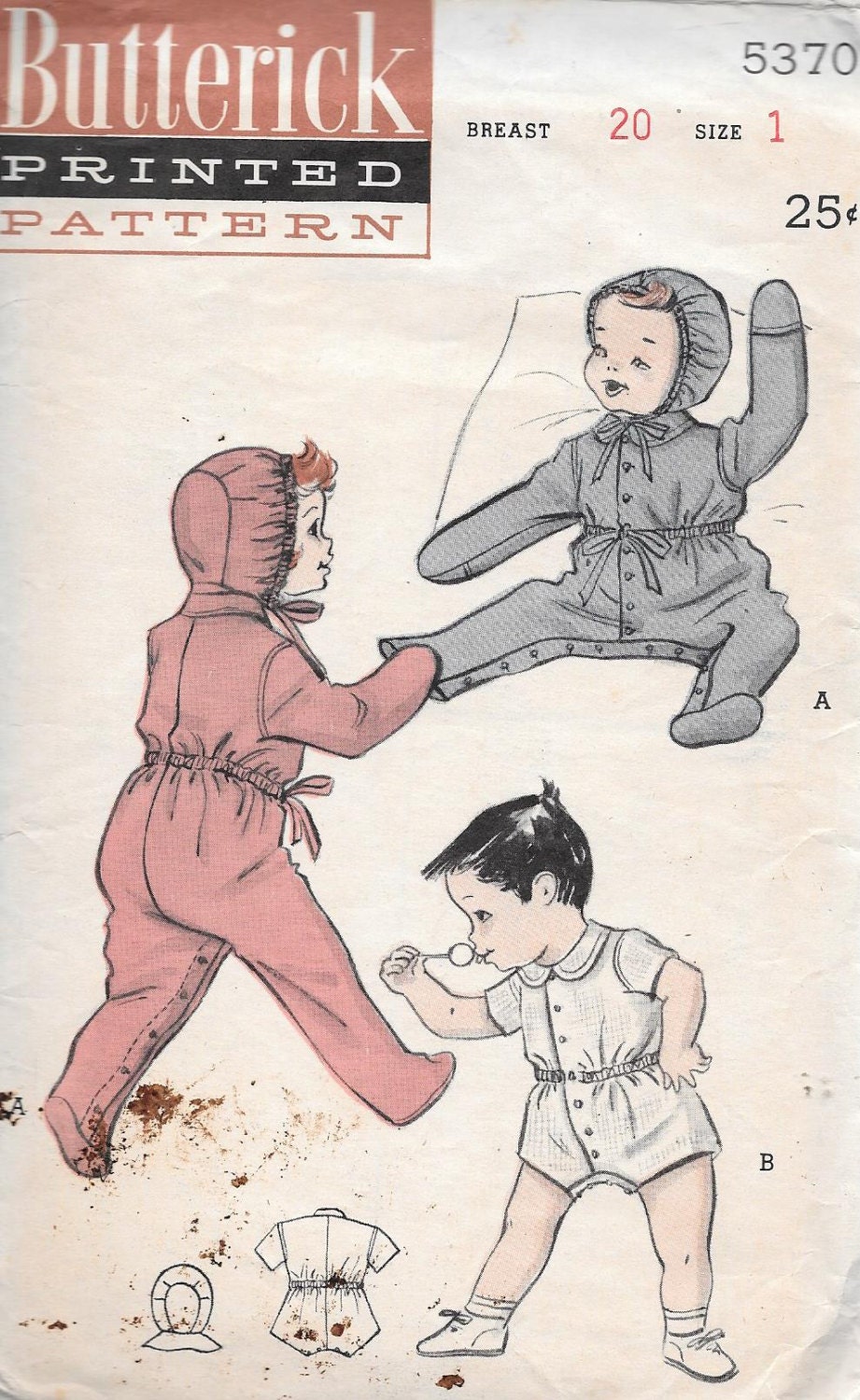 Vintage 1940s Butterick Sewing Pattern 5370 - Child's Bunting and Hood, Romper Suit size 1