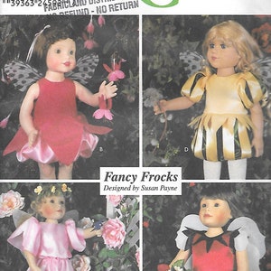 May include: A Simplicity Crafts sewing pattern for making four different fairy costumes for dolls. The pattern includes instructions for making a pink, yellow, red, and white fairy costume. The pattern is designed by Susan Payne.