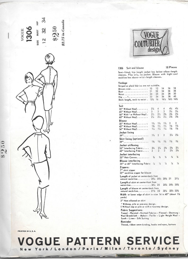 Vintage 1960s Vogue Couturier Design Pattern 1306 Fabiani of Italy Misses' Suit and blouse size 12 bust 32 hip 34 with original label image 2