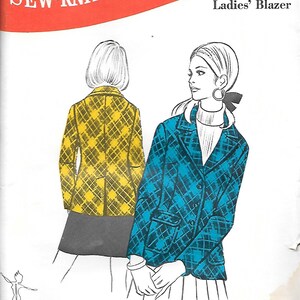 May include: A vintage sewing pattern for a blazer. The pattern is for sizes 8-10-12. The pattern features a woman wearing a blue blazer with a white collar and a yellow blazer with a black collar. The pattern is titled "Sew-Knit-N-Stretch Ladies' Blazer".