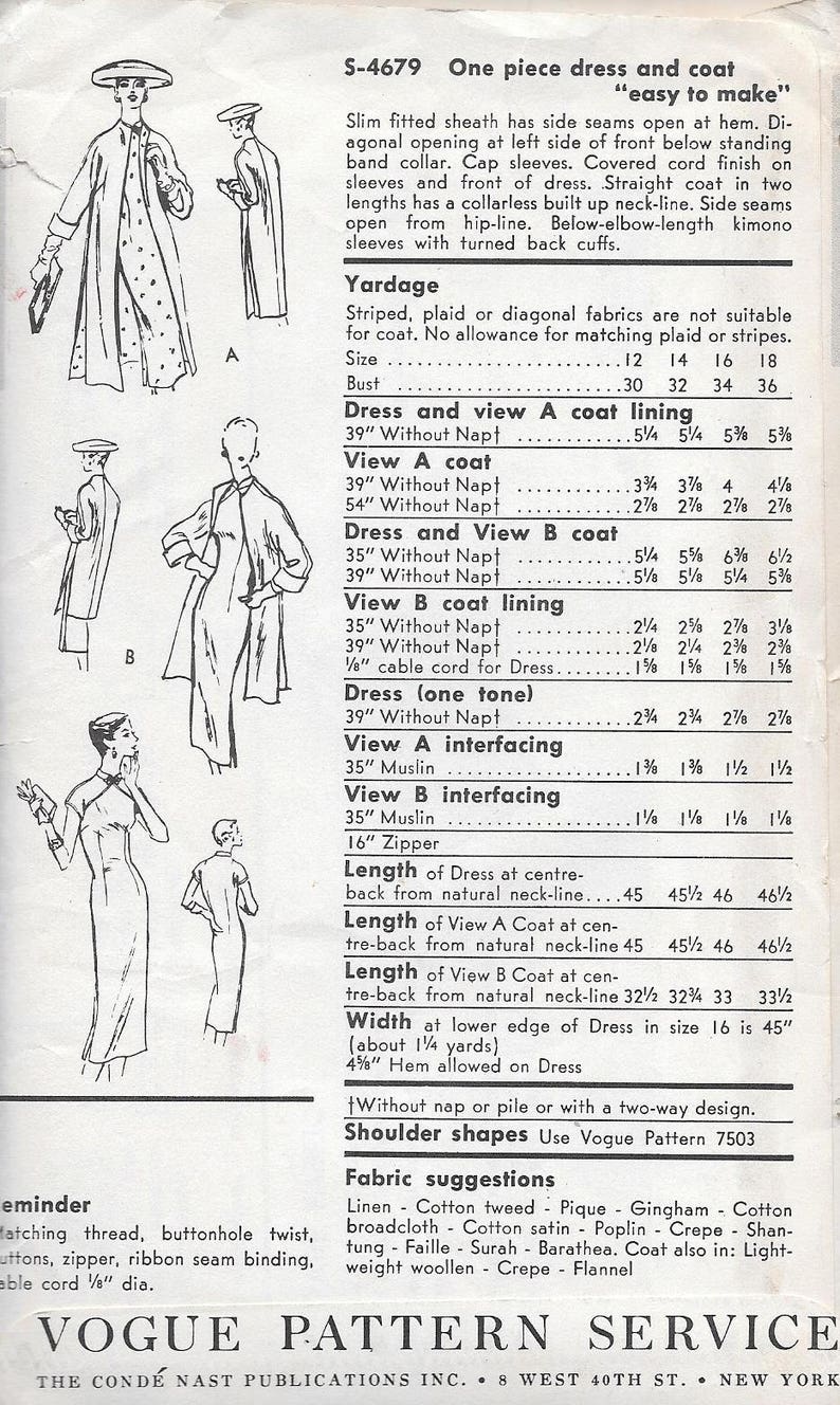 Sewing Kits How To Vintage 1950s Vogue Special Design Sewing Pattern S 4679 One Piece Dress And Coat Size 14 Bust 32 Hip 35 With Original Label