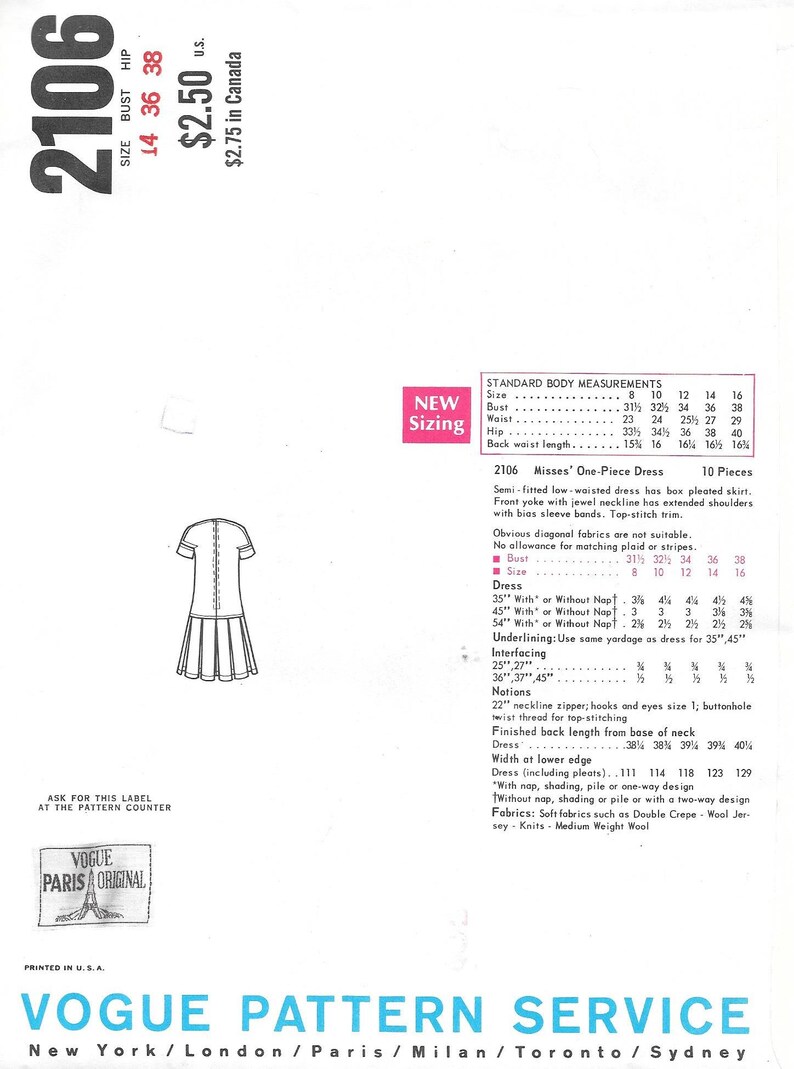 Vintage 1960s Vogue Paris Original Pattern 2106 Pierre Cardin Misses/' One-Piece Dress size 14 bust 36 hip 38 uncut FF with label