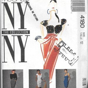 May include: McCall's NY The Collection sewing pattern. The cover shows an illustration of a woman in a black and red outfit. Below are three photos of dresses. The size is 12.