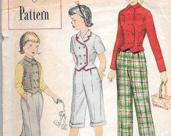 Vintage 1950s Simplicity Designer's Pattern 8327 - Girls' Jacket and Weskit, Slacks and Pedal Pushers size 12