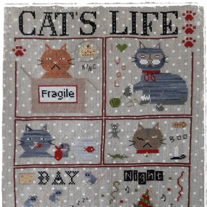 Può includere: Uno schema di punto croce con una serie di illustrazioni di gatti in diversi scenari. Le illustrazioni sono incorniciate da un bordo bianco su uno sfondo a pois marroni. Il titolo dello schema è "CAT'S LIFE".