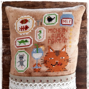 Può includere: Un cuscino decorativo con un design a punto croce raffigurante un gatto dei cartoni animati e la scritta "Michelin Guide For Cat". Il cuscino ha una sezione superiore beige con varie immagini legate al cibo e una sezione inferiore fantasia con un bordo in pizzo e un ciondolo a forma di cuore.