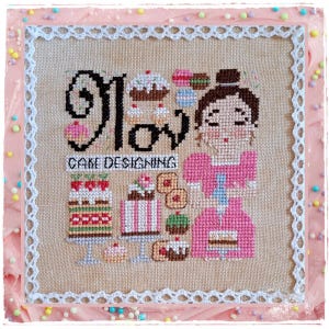 May include: Cross stitch pattern featuring a girl with brown hair and a pink dress, holding a cake. The text "Glow Cake Designing" is above her. The design includes various cakes and pastries.