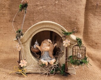 Fairy Garden, Morning Glory, Fairy in Clock Home w/Pet Bird, Fairyland