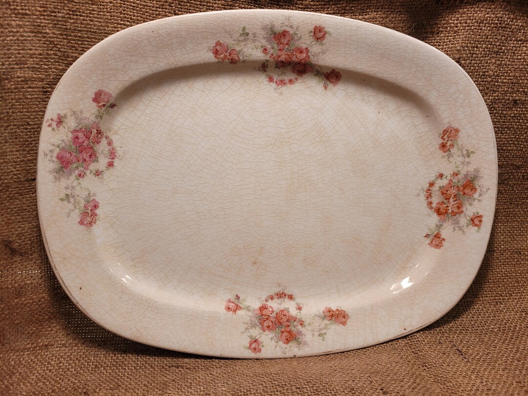 Rare, Antique Carrollton China, 100 Year Old Meat Serving Platter, Roses, High Grade China, Aged