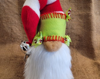 Red, White, Green Christmas Gnome, Handmade, Solid, Large 9" x 4-1/2", Unique