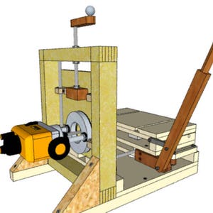 Puede incluir: Una máquina de madera con una herramienta eléctrica amarilla unida a una rueda giratoria. La máquina tiene una palanca y una plataforma de madera.