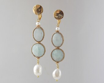 Clips or pierced ears, natural pearl earrings, amazonite and cultured pearl.