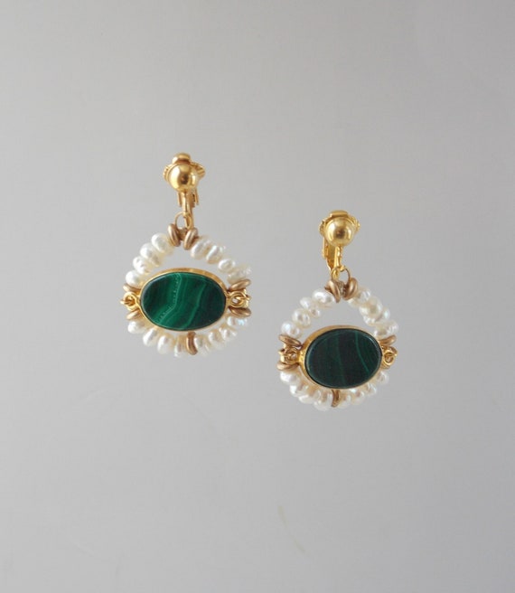 Boucles D'oreilles Avec Malachite - Métal Doré Avec Clips - Occasion