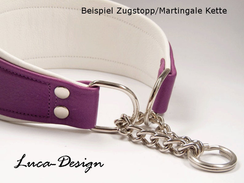 May include: Purple leather dog collar with white lining and a silver chain martingale. The collar has two silver snaps and the text "Beispiel Zugstopp/Martingale Kette" and "Luca-Design" are visible.