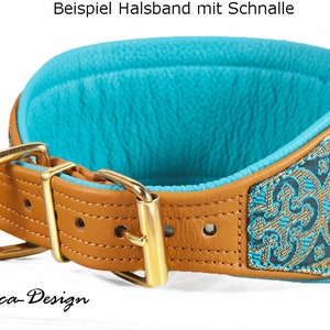 May include: A brown leather dog collar with a turquoise padded lining and a gold buckle. The collar has a decorative patterned trim in gold, blue, and black.