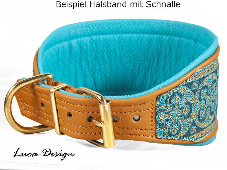 May include: A brown leather dog collar with a turquoise padded lining and a gold buckle. The collar has a decorative patterned trim in gold, blue, and black.