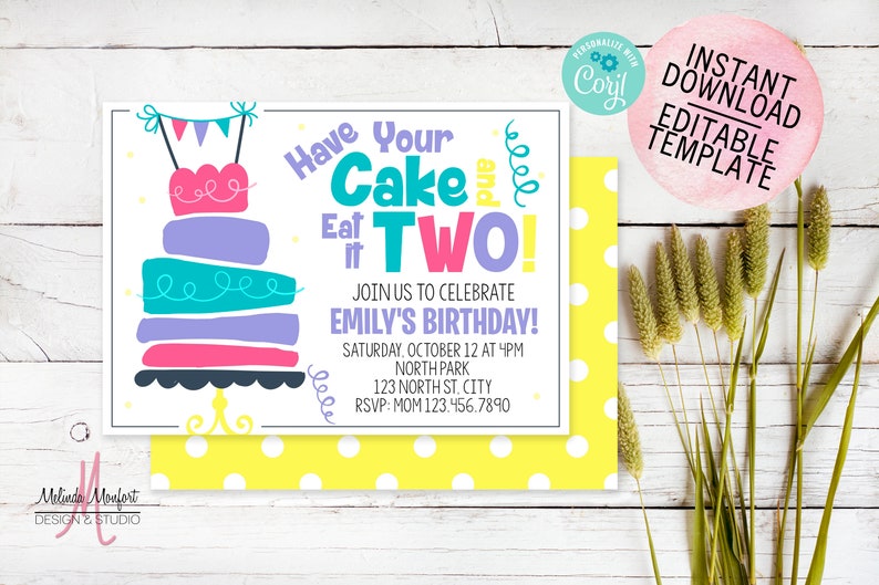 Cake Birthday Invitation Have Your Cake and Eat It Two Etsy