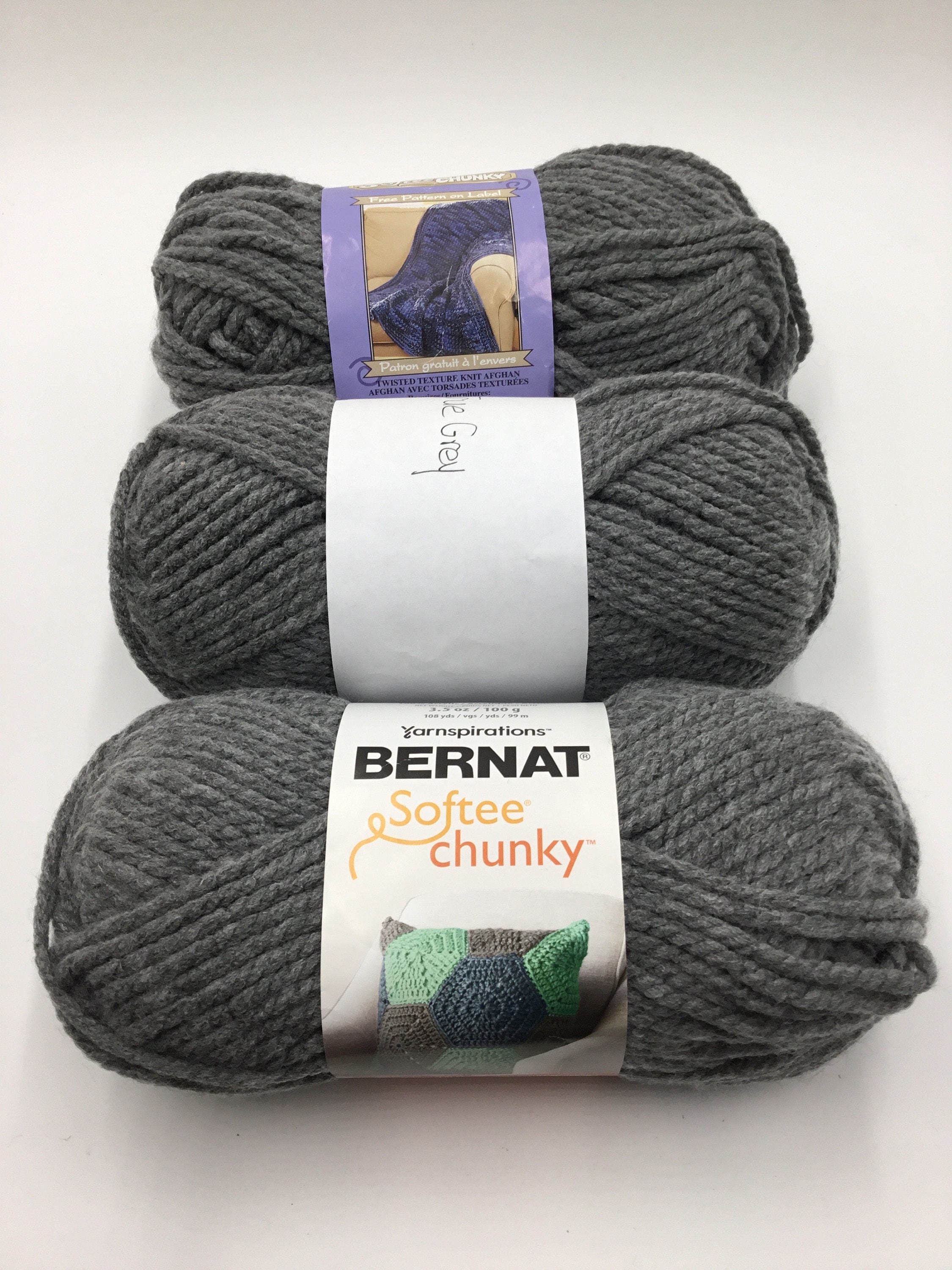 Bernat Softee Chunky Set of 3 / 100% Acrylic Yarn, Super Bulky 6 True Grey  