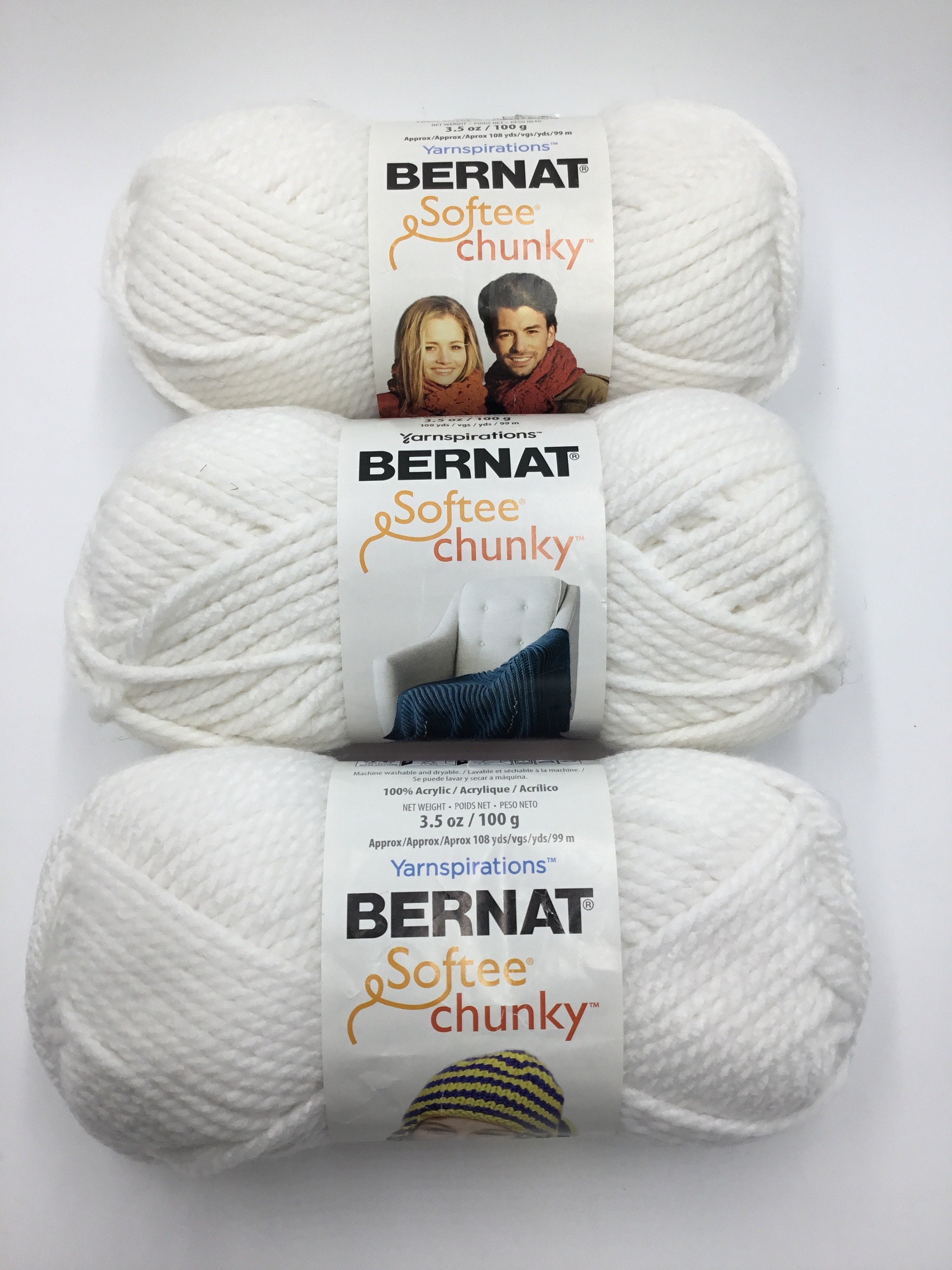 Bernat Softee Chunky Set of 3 / 100% Acrylic Yarn, Super Bulky 6 White 