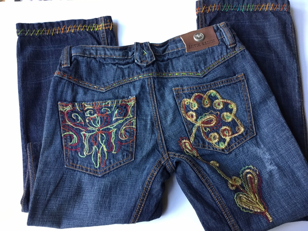 Embroidered Jeans Vintage Antik Denim Superlow Bootcut Dark - Etsy