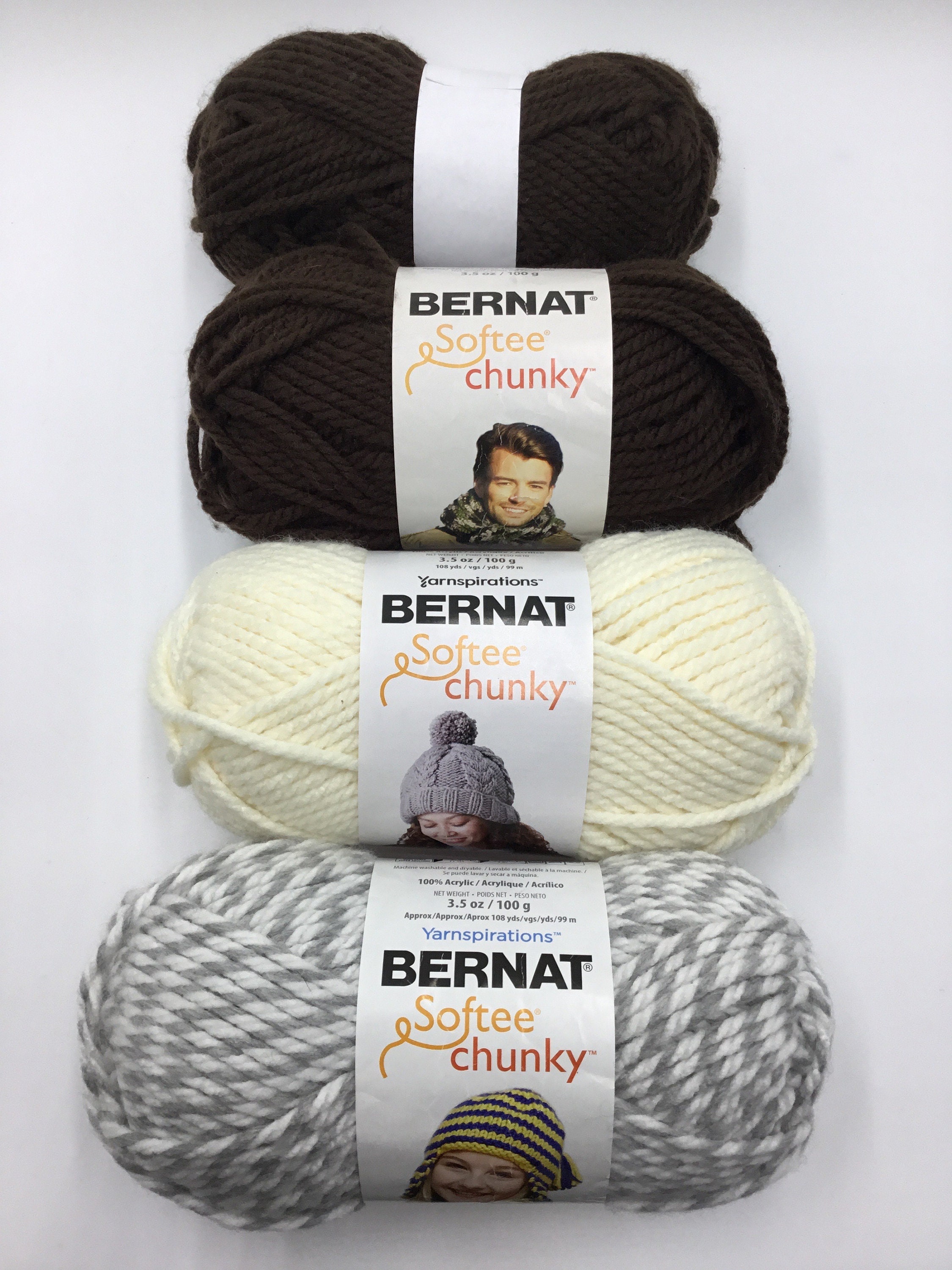 Bernat Softee Chunky Set of 3 1 Extra 100% Acrylic Yarn, Super Bulky 6 Grey  Ragg/natural/dark Taupe 