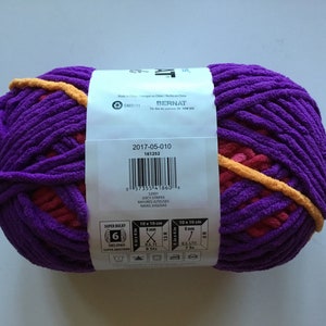 May include: A skein of Bernat Super Bulky yarn in the color Juicy Stripes. The yarn is a mix of purple, pink, and orange. The label includes the yarn weight, recommended needle size, and care instructions.