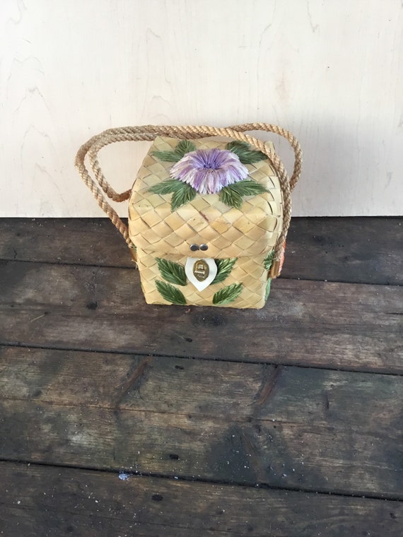 Vintage/Handmade/Woven Wood Wicker Cane  Bag/Brigh