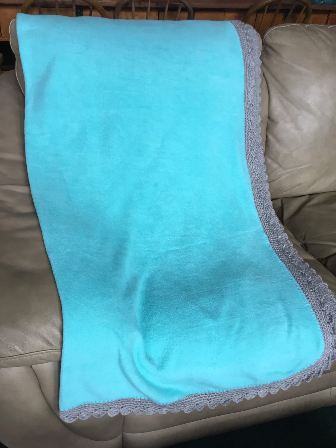 Fleece Blanket With Crochet Border/ Turquoise Blue Throw/baby Etsy