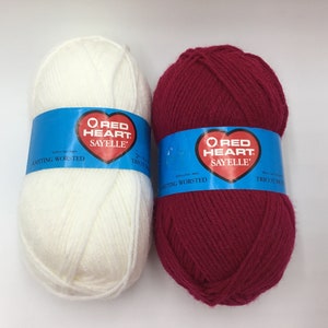 Red Heart Sayelle Yarn, Vintage Yarn, Knitting Worsted Yarn, Acrylic Yarn 100g- Burfundy / White
