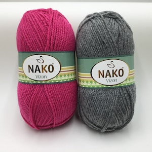 Nako Vizon yarn 100g/195m -medium 4 Yarn, hard find yarn -Bright Pink/ Gray
