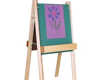 May include: A wooden easel with a green chalkboard and a shelf below. A drawing of a purple flower is on the chalkboard.