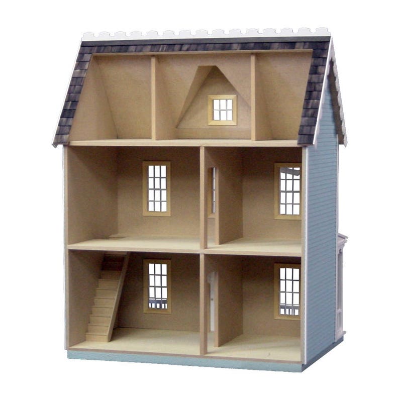 Finished 1-inch scale Vermont Farmhouse Jr. Dollhouse Kit by Real Good Toys. Rear inside view of 3-story dollhouse with 7 rooms. Interior staircase, hardwood floors and trim work. Size 29.4 inches tall x 24.25 wide.  Kit is sold unfinished.