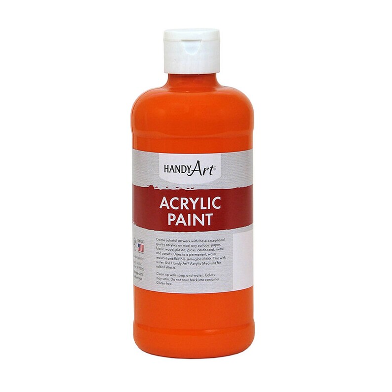 K&ouml;nnte beinhalten: Eine Flasche orangefarbene Handy Art Acrylfarbe. Die Flasche ist mit dem Markennamen und den Worten "Acrylfarbe" beschriftet.