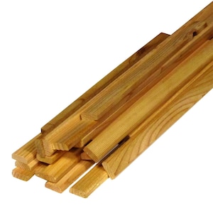 May include: A stack of unfinished, natural wood strips. The wood is light brown and has a smooth, even texture.